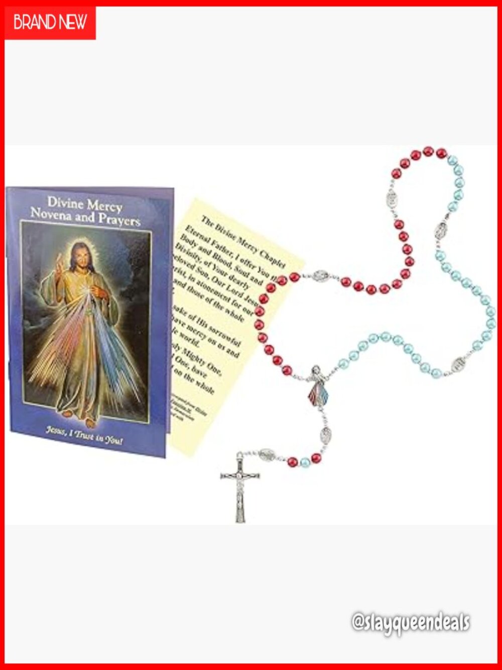 Divine Mercy Rosary Set With Novena Book & Prayer Card - Religious Necklace